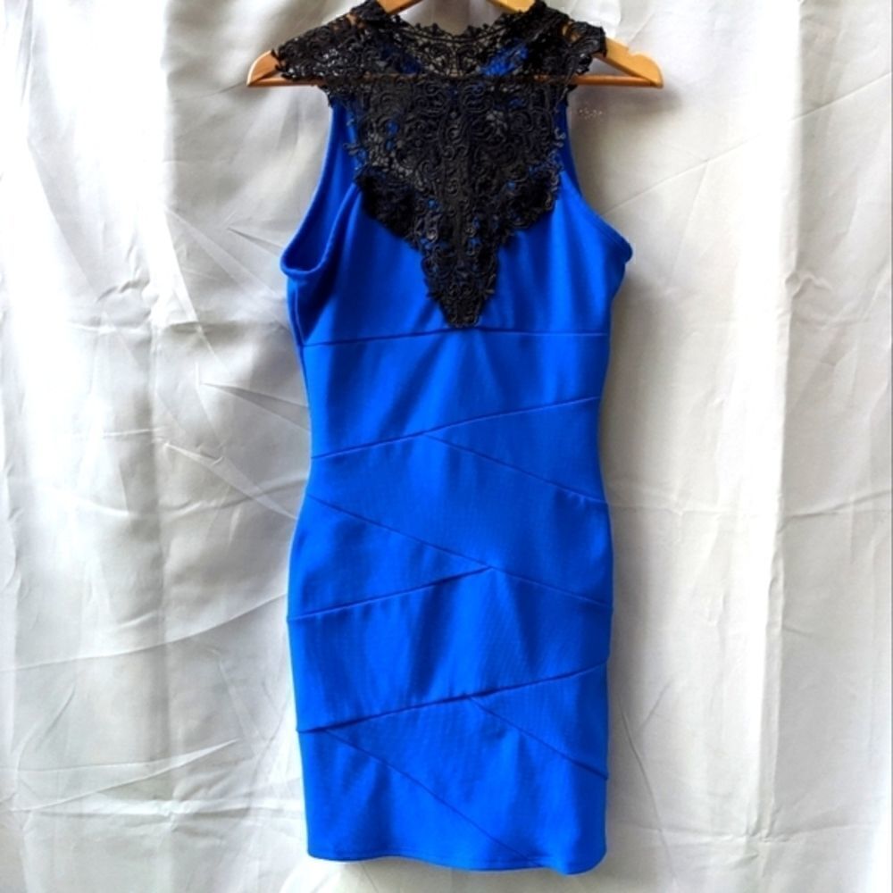 Deb bodycon dress size large blue with black lace
